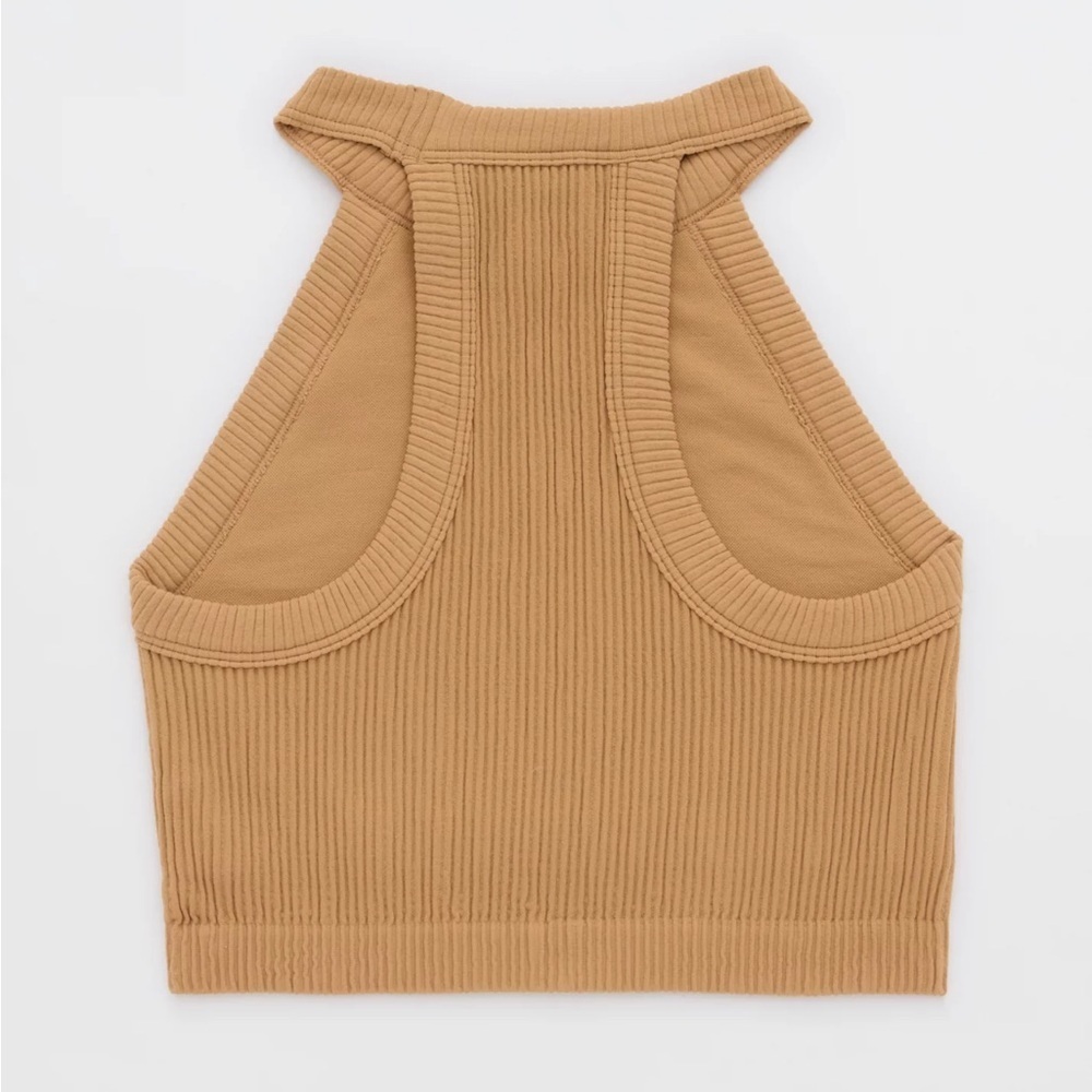Aerie Superchill Seamless High Neck Ribbed Halter Bra Top in Beach Dune Size M - Picture 4 of 8
